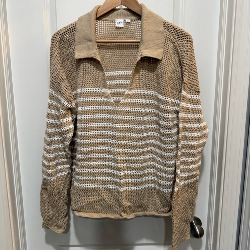 GAP Relaxed Cotton Tan and White Striped Crochet Collar V-Neck Sweater XL - Picture 3 of 8